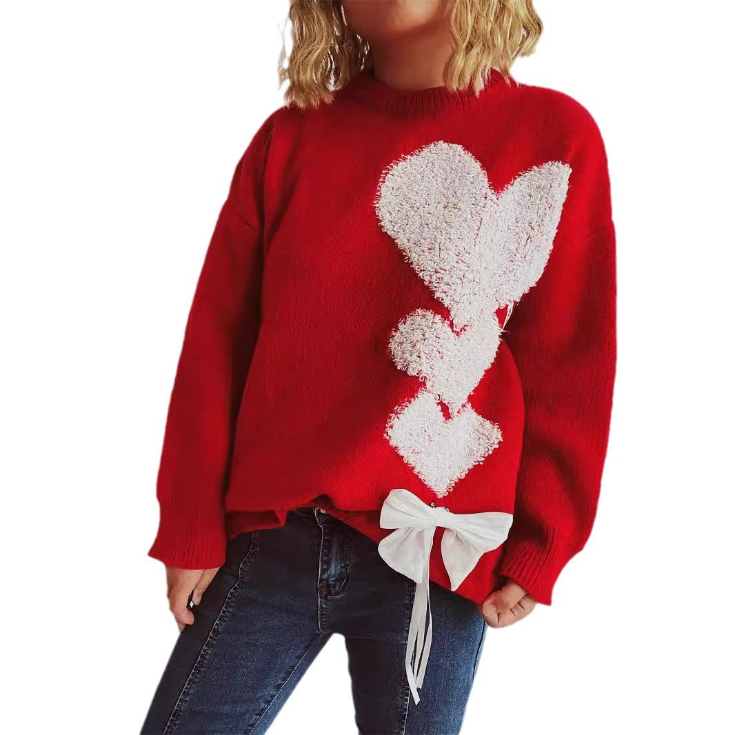 Damen Pullover mit herzförmigem Design und dekorativer Schleife EB