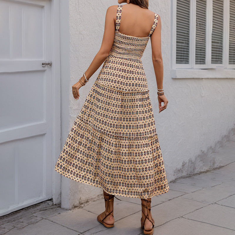 Damen Maxikleid mit verstellbaren Spaghettiträgern und elastischem Oberteil EB