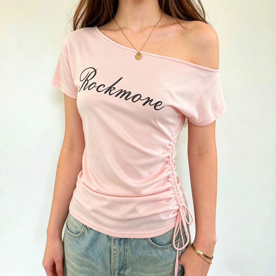 Damen Off-Shoulder T-Shirt mit Raffungen und modischem Schriftzug EB