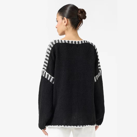 Damen Oversize Grobstrickpullover mit Kontraststreifen an Schultern und Saum EB