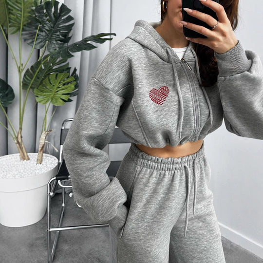 Damen Cropped Kapuzenpullover und hohe Taille Wide-Leg Jogginghose Set EB