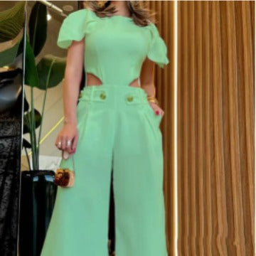 Damen Eleganter Jumpsuit mit Cut-Out und voluminösen Ärmeln EB