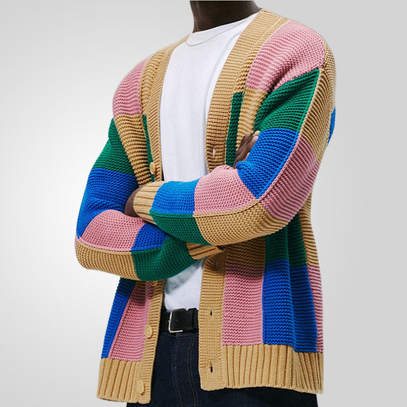 Herren Strickjacke mit buntem Blockmuster und bequemen Knöpfen EB