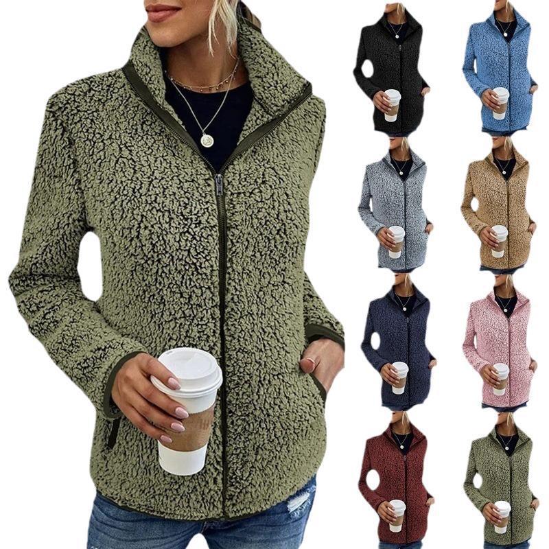 Damen flauschige Fleecejacke mit hohem Kragen und seitlichen Taschen EB