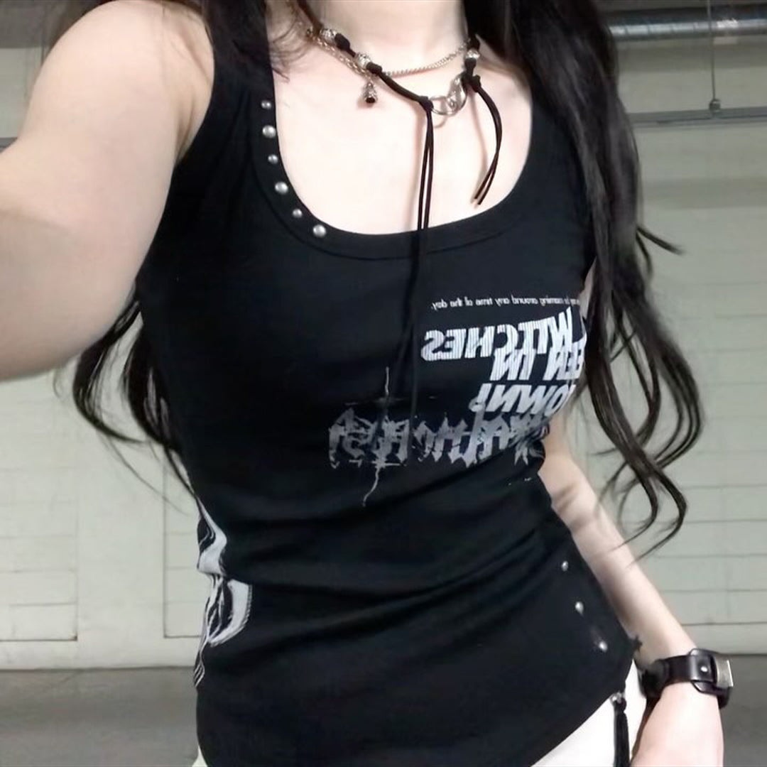 Damen Trendiges Oversized Tanktop mit auffälligem Grafikdruck und Rüschen EB