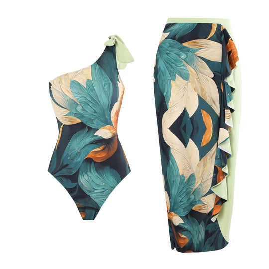 Damen Einteiliger Badeanzug mit asymmetrischem Design und passendem Wickelrock EB
