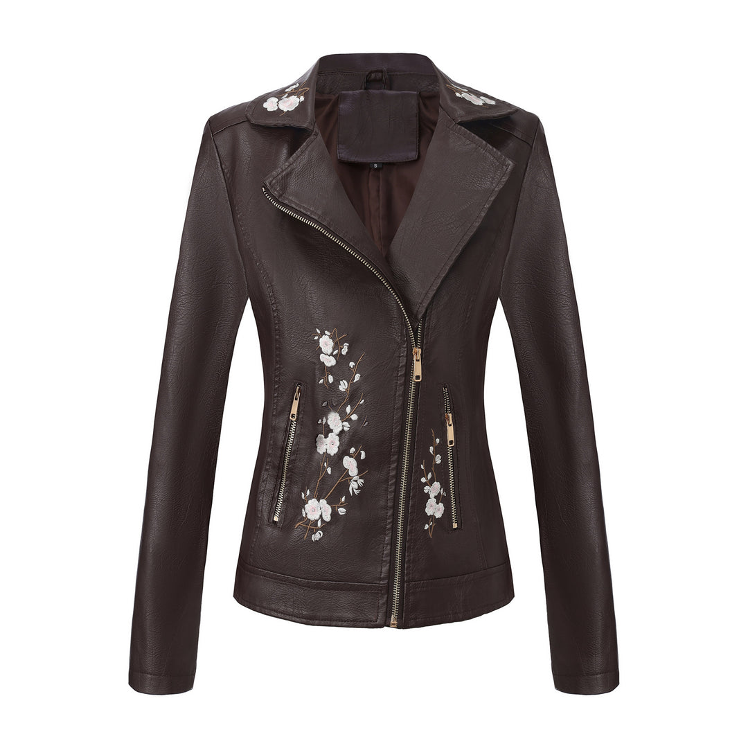 Damen modische Bikerjacke mit floralem Stickmuster EB