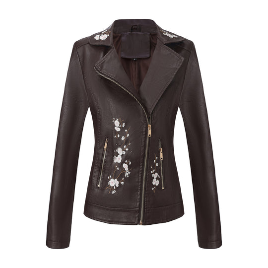 Damen modische Bikerjacke mit floralem Stickmuster EB