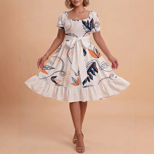 Damen Sommerliches Blumenkleid mit taillierbarem Gürtel und voluminösen Ärmeln EB
