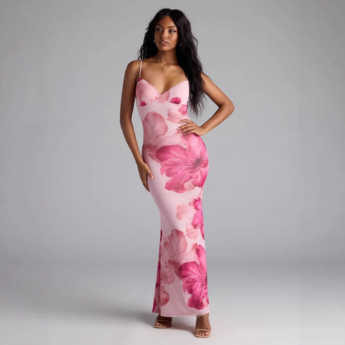 Damen Elegantes Blumenmaxikleid mit feinen Spaghettiträgern und figurbetontem Schnitt EB