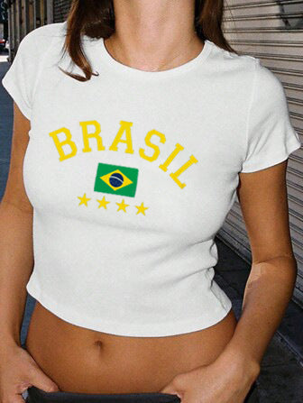 Damen Crop-T-Shirt mit kreativem Grafikdruck und stylischem Schriftzug EB