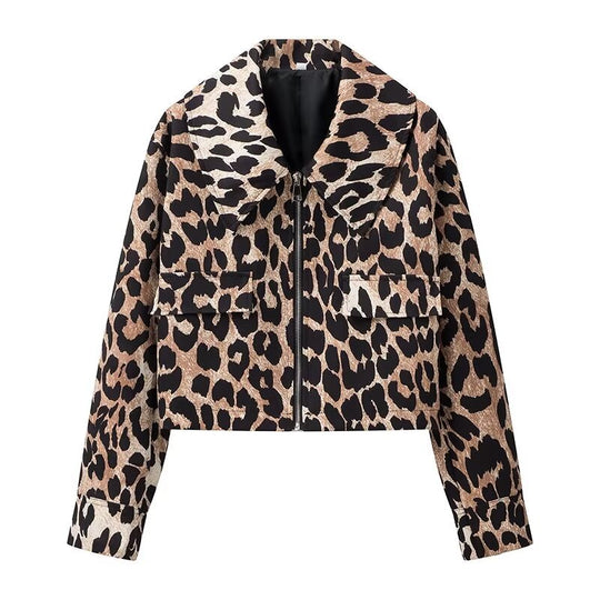 Damen cropped Jagdjacke mit Leopardenmuster und praktischen Taschen EB