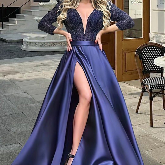 Damen Elegantes Abendkleid mit tiefem V-Ausschnitt und seitlichem Schlitz EB