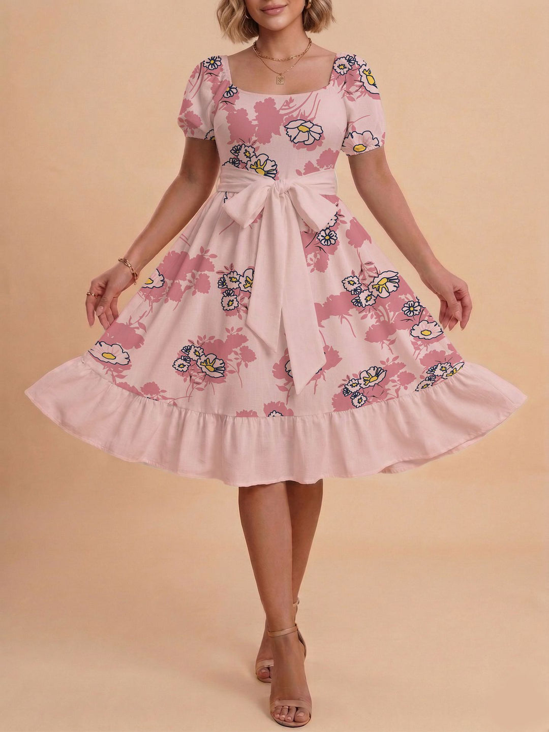 Damen Retro Maxikleid mit Puffärmeln und Taillengürtel EB