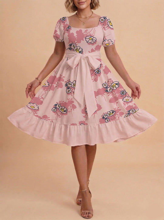 Damen Retro Maxikleid mit Puffärmeln und Taillengürtel EB