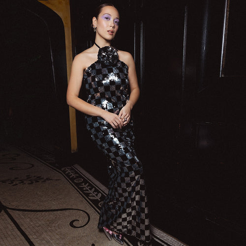 Damen Figurbetontes Schachmuster-Maxikleid mit glitzernden Pailletten EB