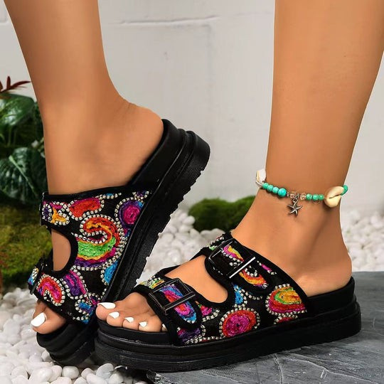 Damen bequeme Riemensandalen mit modischer Schnalle und gepolsterter Sohle EB