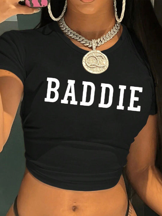 Damen figurbetontes Kurzarm-T-Shirt mit verspieltem Aufdruck EB