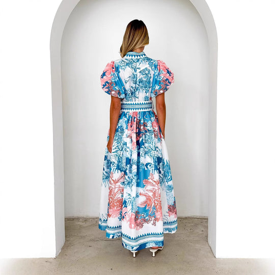 Damen Maxikleid mit hohem Kragen und eleganten Puffärmeln EB