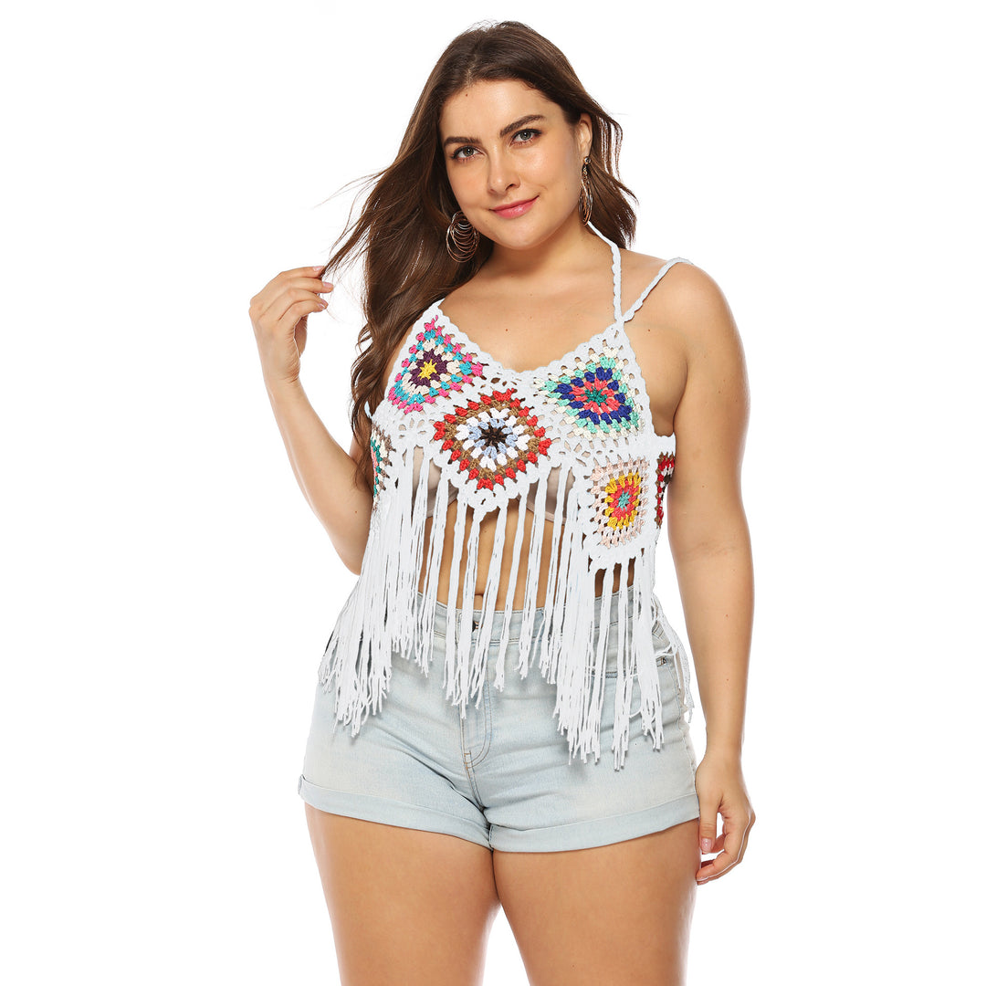 Damen gehäkeltes Crop-Top mit buntem Fransen-Design EB