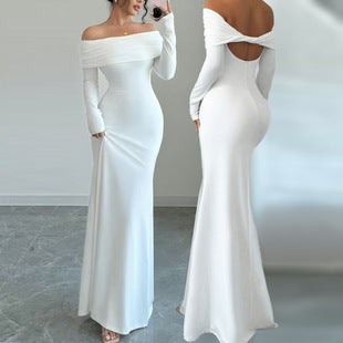 Damen Elegantes Off-Shoulder-Maxikleid mit figurbetontem Schnitt und langen Ärmeln EB