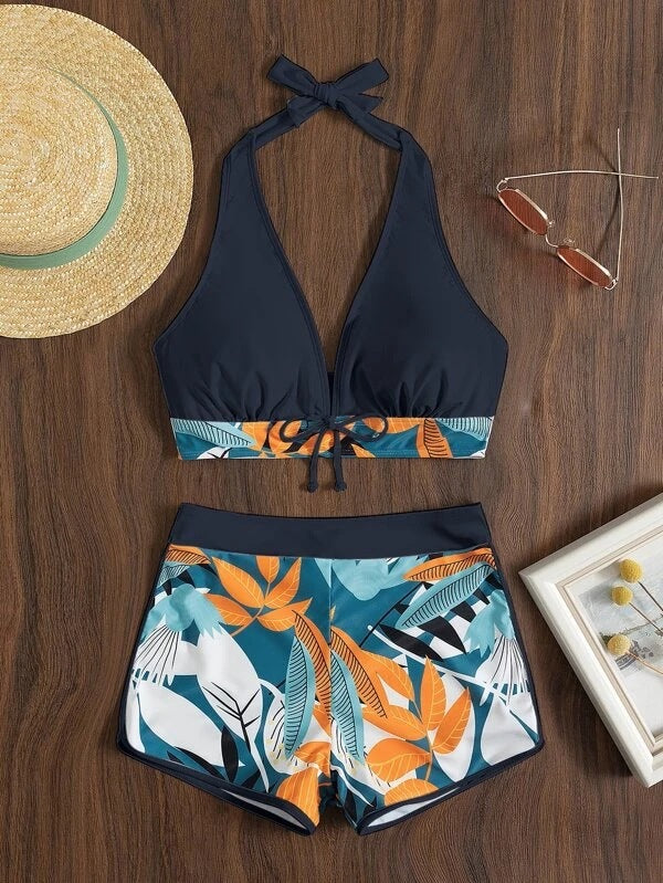 Damen Bikini-Set mit modischem Triangel-Oberteil und sportlichen High-Waist-Hosen EB