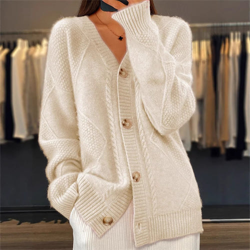 Damen nan oversized Strickcardigan mit Zopfmuster, V‑Ausschnitt und großen Knöpfen EB