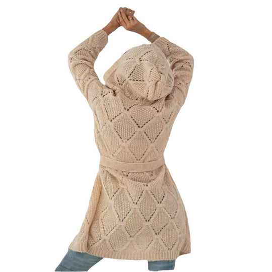 Damen Strickmantel mit Gürtel und modernem Zopfmuster EB