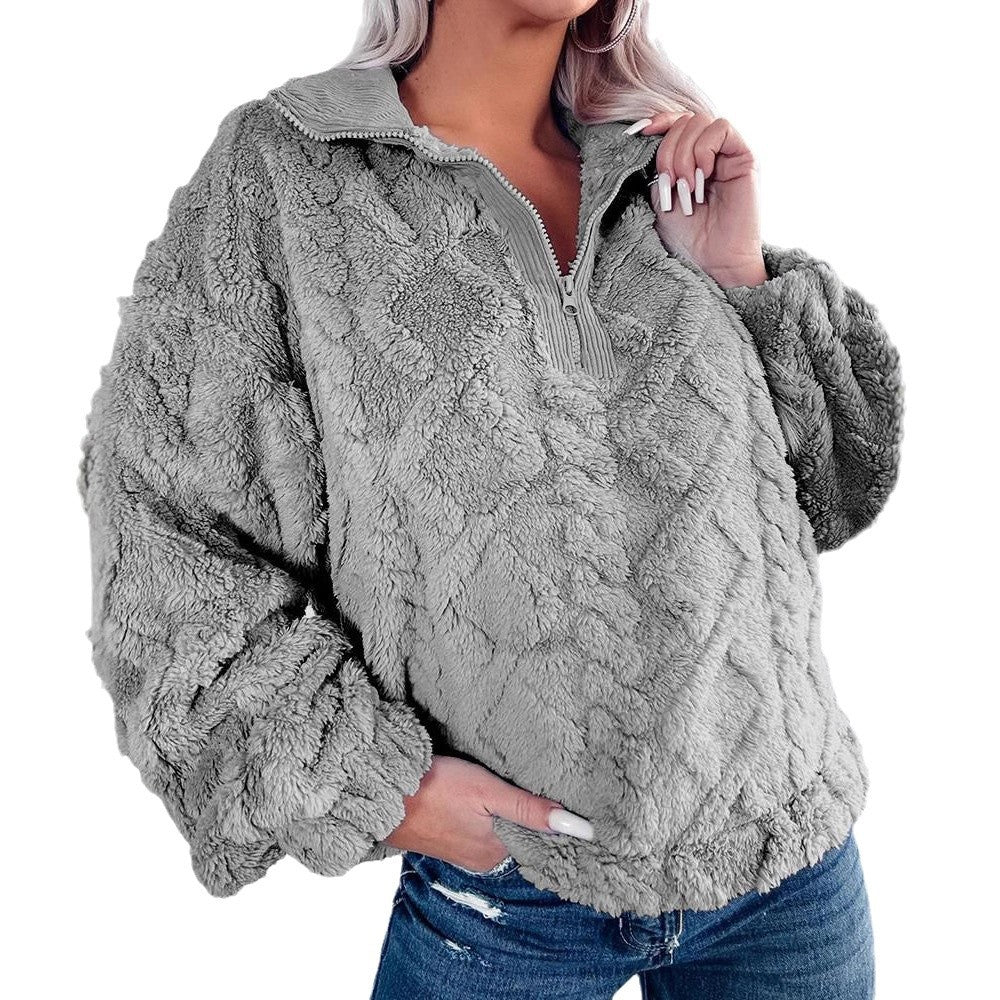 Damen Kuschelige Fleece-Pullover mit Reißverschluss und Wabenmuster EB