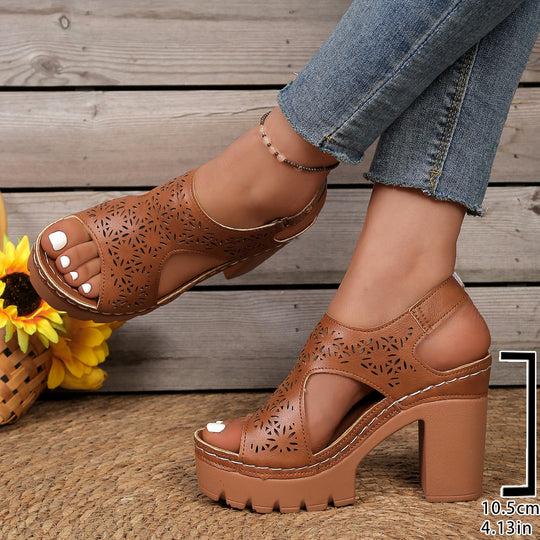Damen Plateau-Sandaletten mit durchbrochenem Design und komfortablem Blockabsatz EB