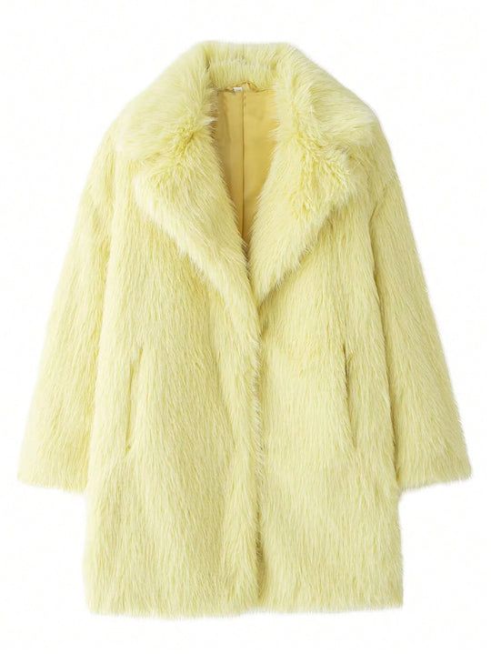 Damen luxuriöse Kunstfelljacke mit weichem Revers und großen Taschen EB
