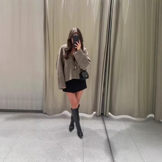 Damen modische Wolljacke mit elegantem Kragen und praktischen Taschen EB
