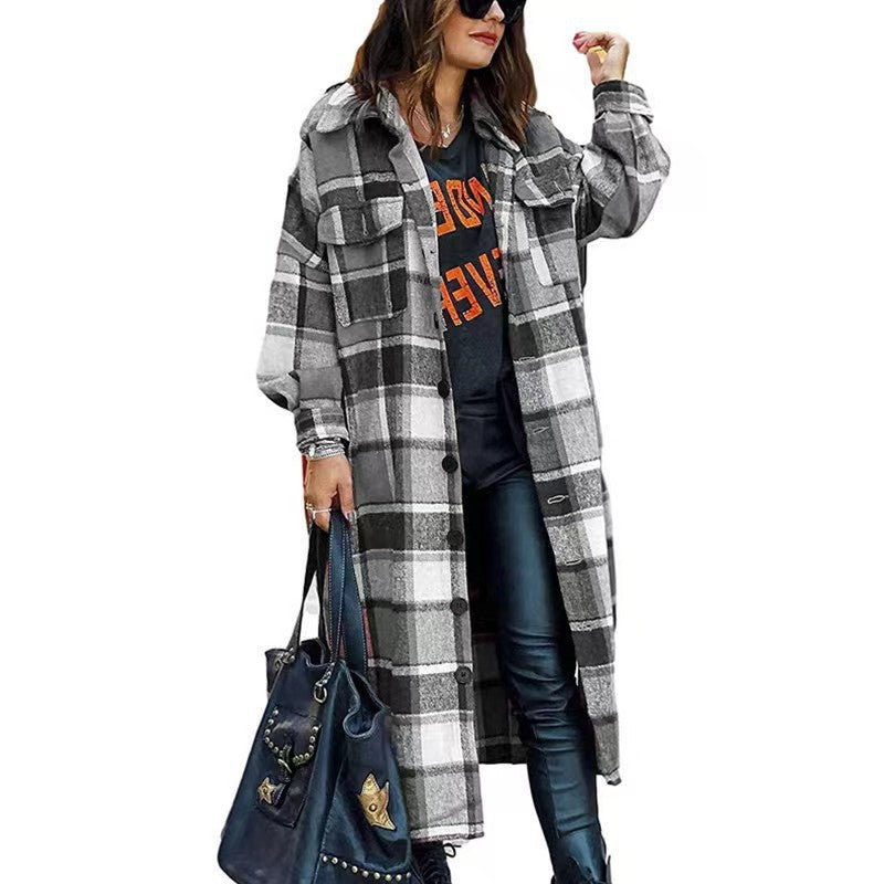 Damen Langarm-Wolljacke mit Karomuster und praktischen Taschen EB