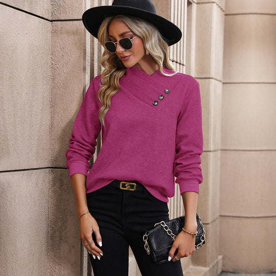 Damen Strickpullover mit innovativem Wickeldesign und dekorativen Knopfdetails EB