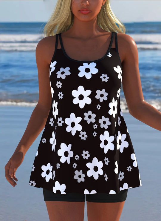 Damen Schwimmanzug in Plissee-Optik mit floralen Mustern und bequemen Shorts EB