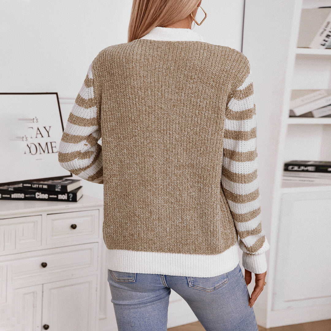 Damen modische Strickjacke mit dekorativem Rippenmuster und Streifen EB
