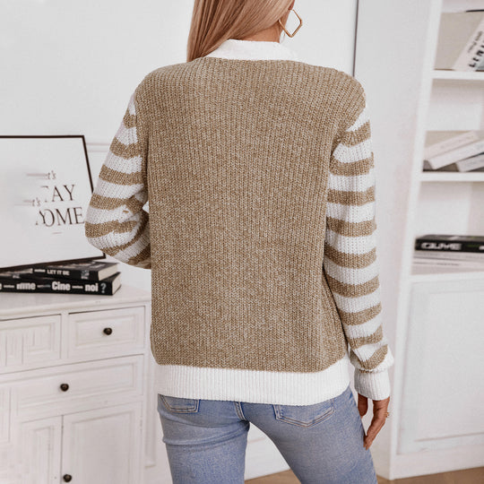 Damen modische Strickjacke mit dekorativem Rippenmuster und Streifen EB