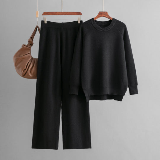 Damen lässiges Strick-Lounge-Set mit weitem Oberteil und bequemen Hosen EB