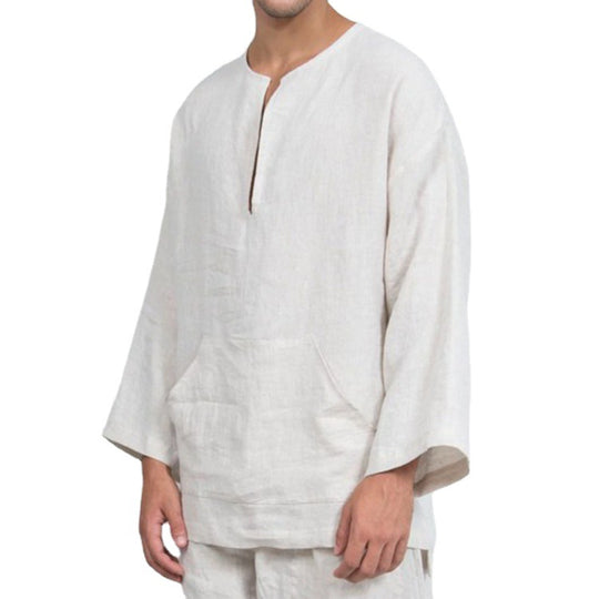 Herren lässiges Leinenoberteil mit Henley-Ausschnitt und praktischer Kängurutasche EB