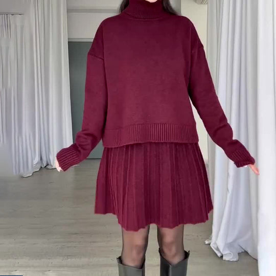Damen Elegantes Strickensemble mit Rollkragen und fließendem Rock EB