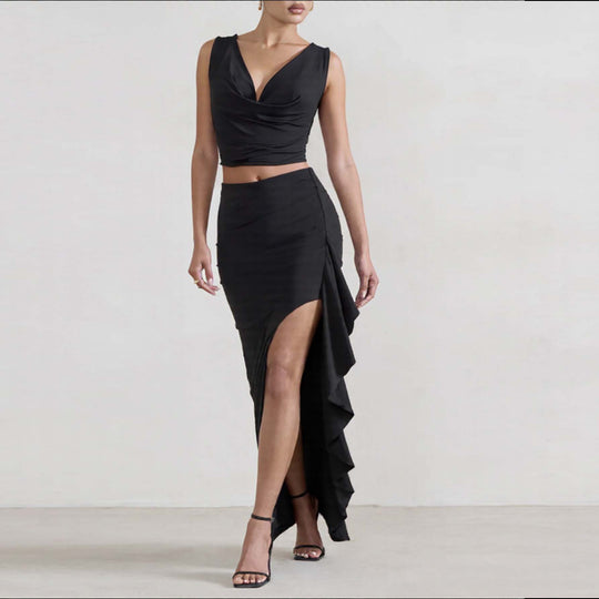 Damen Elegantes Crop-Top und Maxi-Rock Set mit hohem Schlitz EB