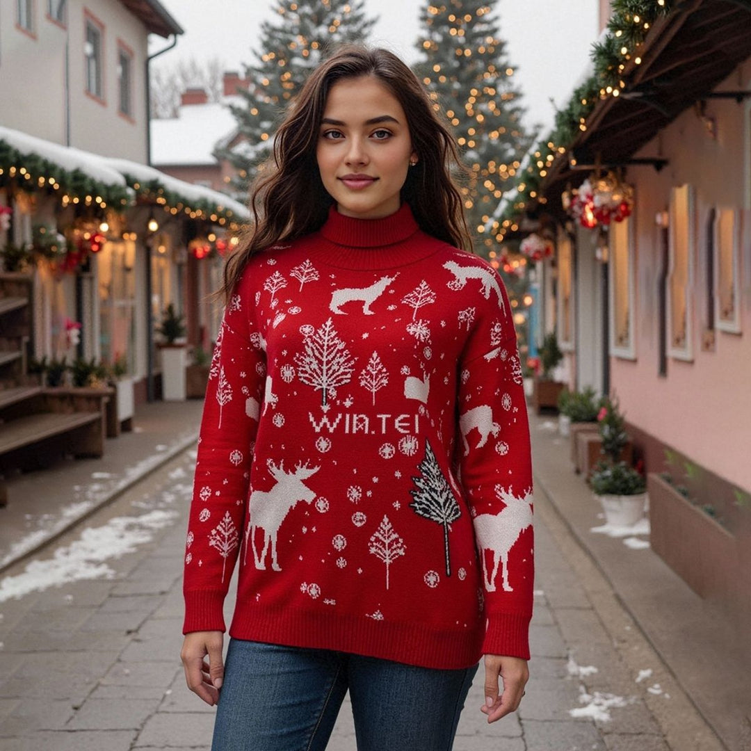 Damen winterlicher Weihnachts-Pullover mit festlichem Elch-Design und hochgeschlossenem Kragen EB