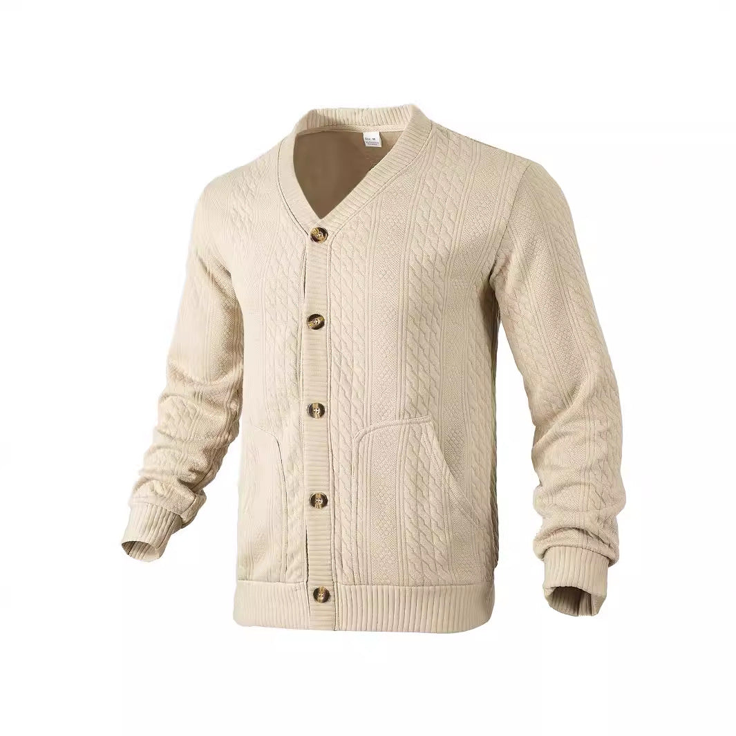Herren nan eleganter Zopfstrickcardigan mit V-Ausschnitt Knopfleiste und aufgesetzten Taschen EB