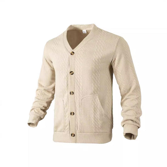 Herren nan eleganter Zopfstrickcardigan mit V-Ausschnitt Knopfleiste und aufgesetzten Taschen EB