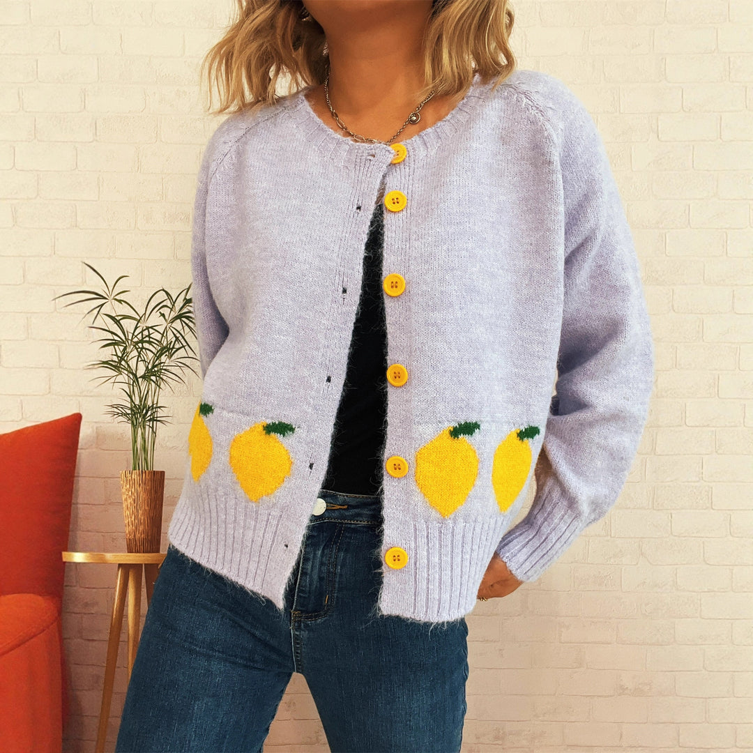Damen Strickjacke mit fruchtigem Motiv und Knopfdetails EB