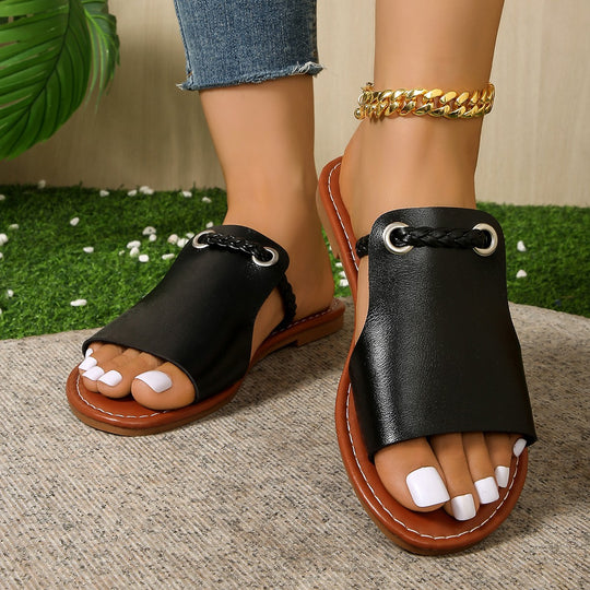Damen Offene Ledersandalen mit geflochtenem Design und flexiblem Fußbett EB