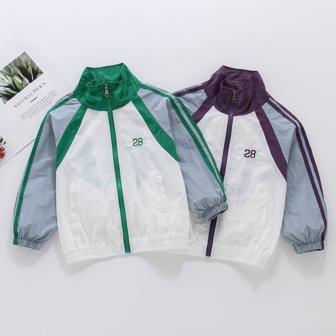 Unisex nan leichte Retro Windjacke mit Stehkragen, durchgehendem Reißverschluss und markanten Kontraststreifen R&B