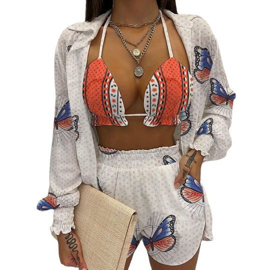 Damen modisches Strand-Ensemble mit luftiger Bluse und Bikini-Set EB