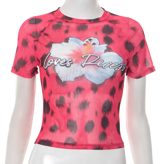 Damen modisches Crop-Top mit floralem Druck und trendigem Leopardenmuster EB