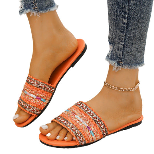 Damen dekorative Zehenstegsandalen mit buntem Schmuckdesign EB
